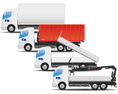 LKW-Kofferaufbau, LKW-Wechselgerät mit Kippmulde, LKW-Kipper, LKW-Pritschenaufbau mit Ladekran